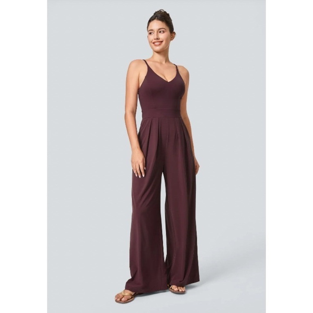 Halara Breezeful™ Invisible Zipper Pockets Wide Leg‎ Jumpsuit Size XS Wine Red